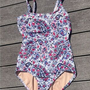 Lands' End Paisley Floral One Piece Swimsuit sz 10 white blue pink